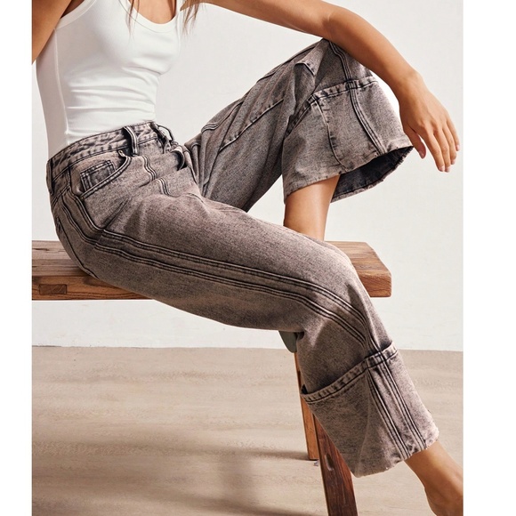 Western Mineral Wash Cuff hem Straight Leg Denim Jeans Pants - Picture 1 of 7